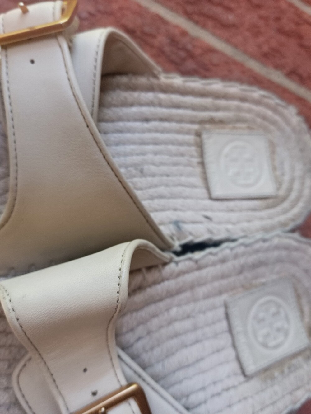 Tory Burch Cream Leather Double Buckle Espadrille Slides - Picture 4 of 7